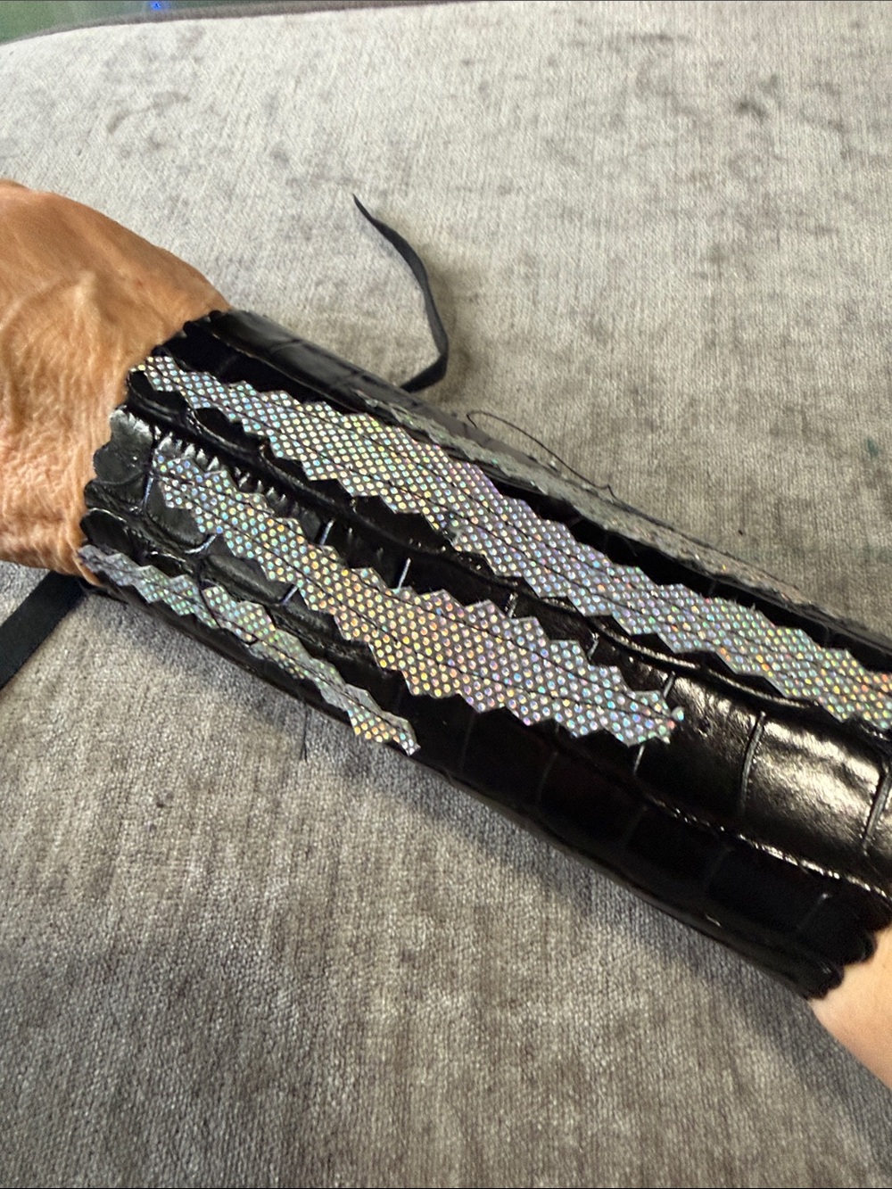 Black Croc-Embossed Wrist Cuff with Iridescent Accent
